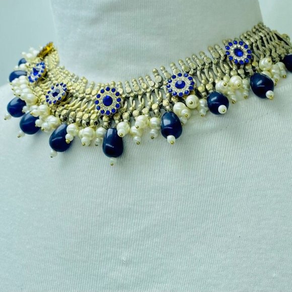 Silver Kuchi Jewelry Set With Blue Glass Stones, Vintage Boho Kuchi Handmade Tri - Picture 5 of 15